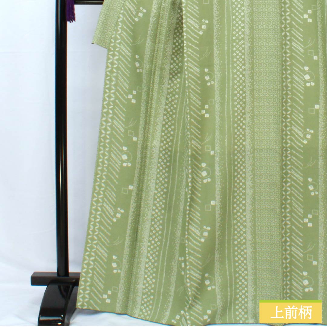小紋 ポリエステル 身丈167.5cm 裄丈67cm 袷 山鳩色(やまばといろ) 洗える着物 絞り風 Sランク 緑系 1115005132519