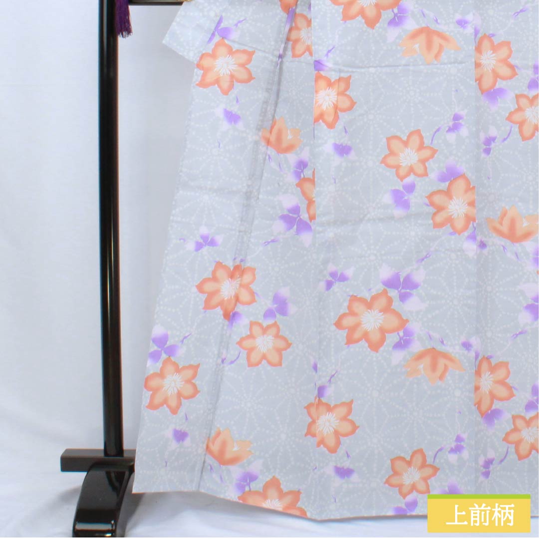 浴衣 木綿 身丈164.5cm 裄丈67.5cm Sランク 単衣 グレー系 白銅色(はくどういろ) 麻の葉 花 1118006522422