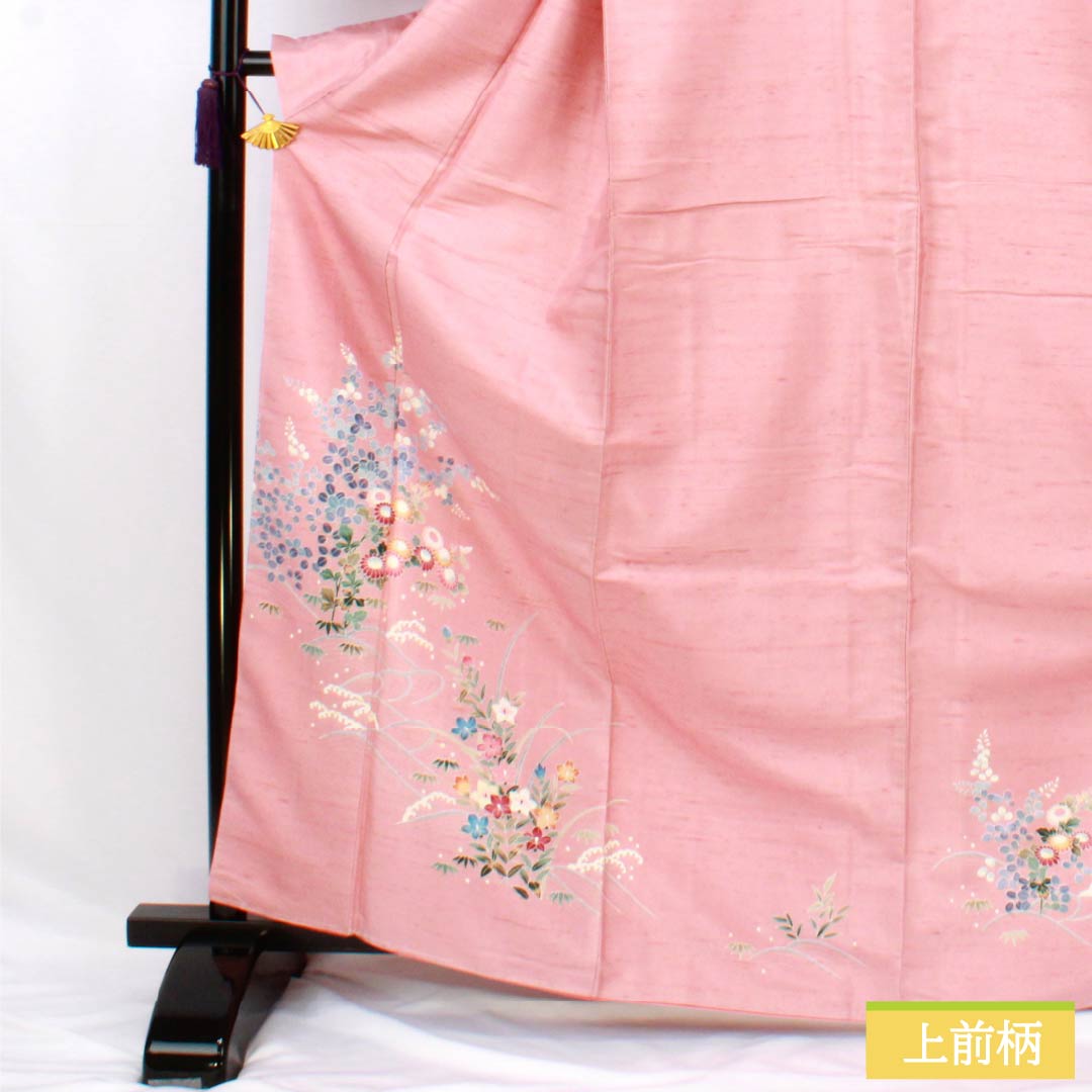 訪問着 正絹 Bランク 袷 身丈167cm 裄丈66cm 似桃色(にせももいろ) 牛首紬 京加賀友禅 付下げ 作家物 草花 ピンク系 1112007544513