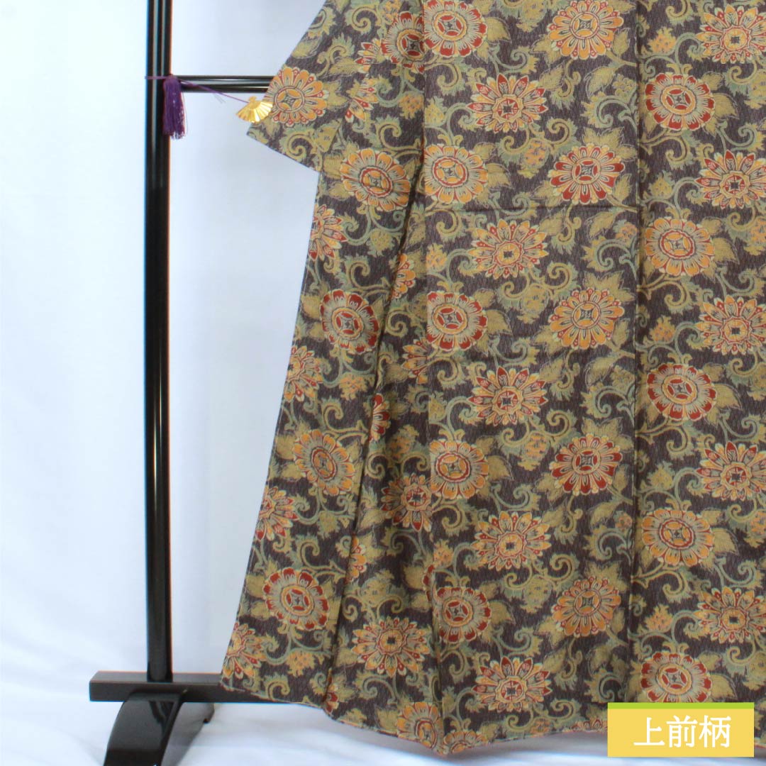 小紋 正絹 Sランク 身丈161.5cm 裄丈64.5cm 袷 石板色(せきばんいろ) 更紗 しつけ糸付き グレー系 1115007182422