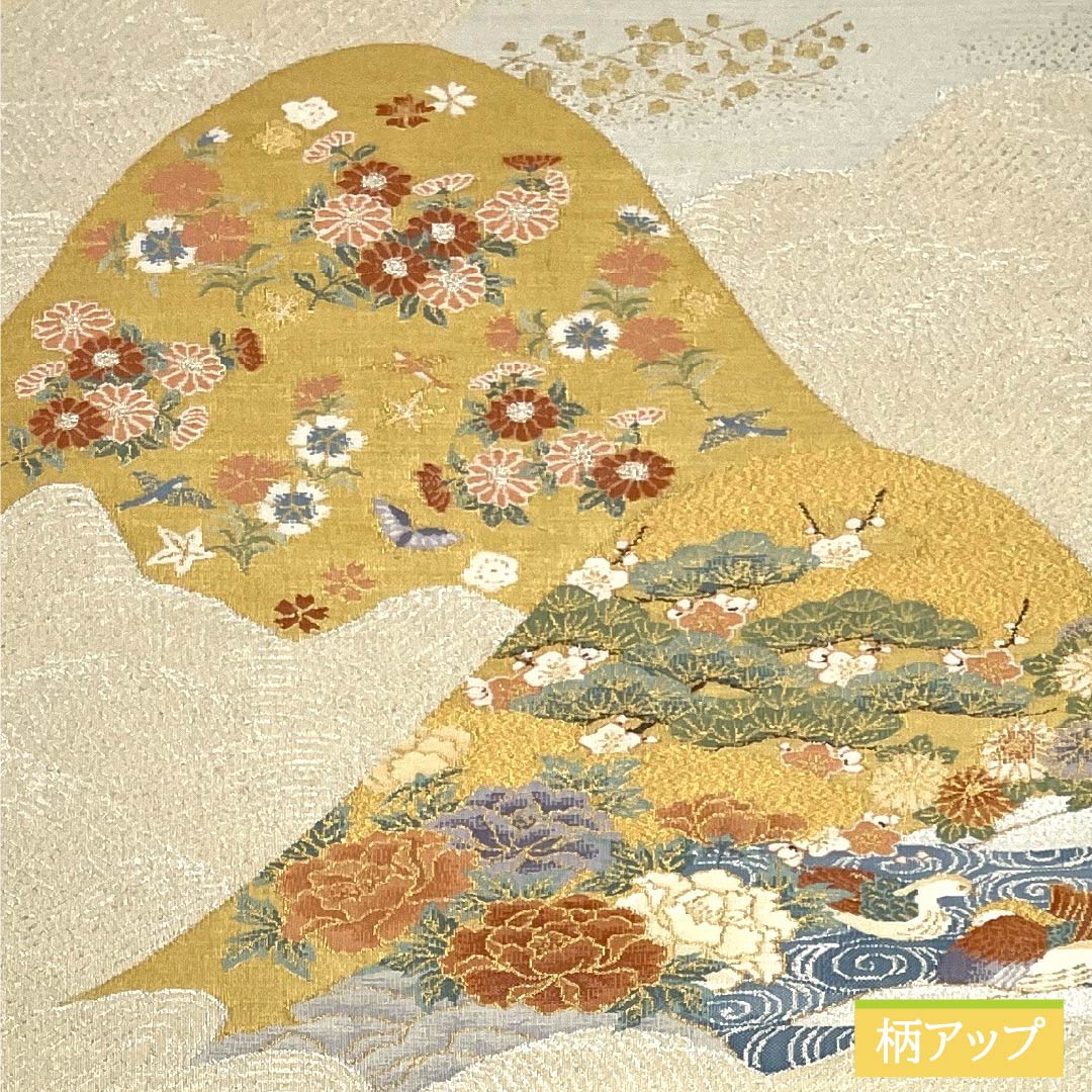 袋帯 正絹 Aランク 生成り色(きなりいろ) 綴れ織 留袖用 遠山 古典柄 帯丈448cm ポイント柄 フォーマル クリーム系 1123015313315