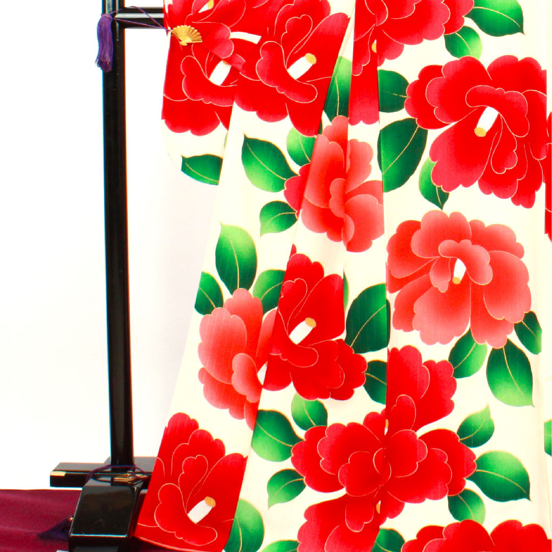 振袖 身丈170.5cm 裄丈67.5cm 袷 象牙色 洗える着物 椿 ポリ Sランク クリーム系 1113001272615