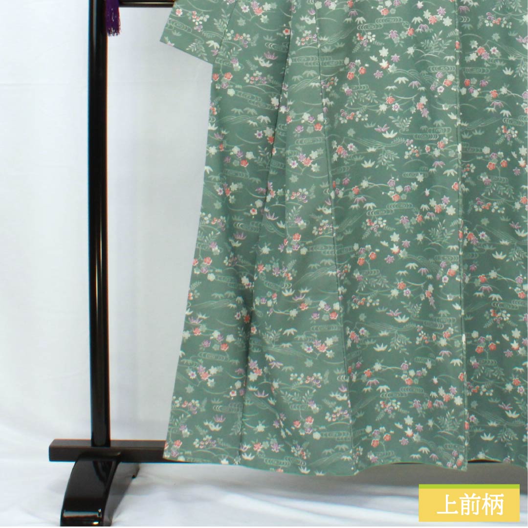 小紋 ポリエステル 身丈158.5cm 裄丈63cm 袷 山藍摺色(やまあいずりいろ) 洗える着物 草木模様 Aランク 緑系 1115005143319