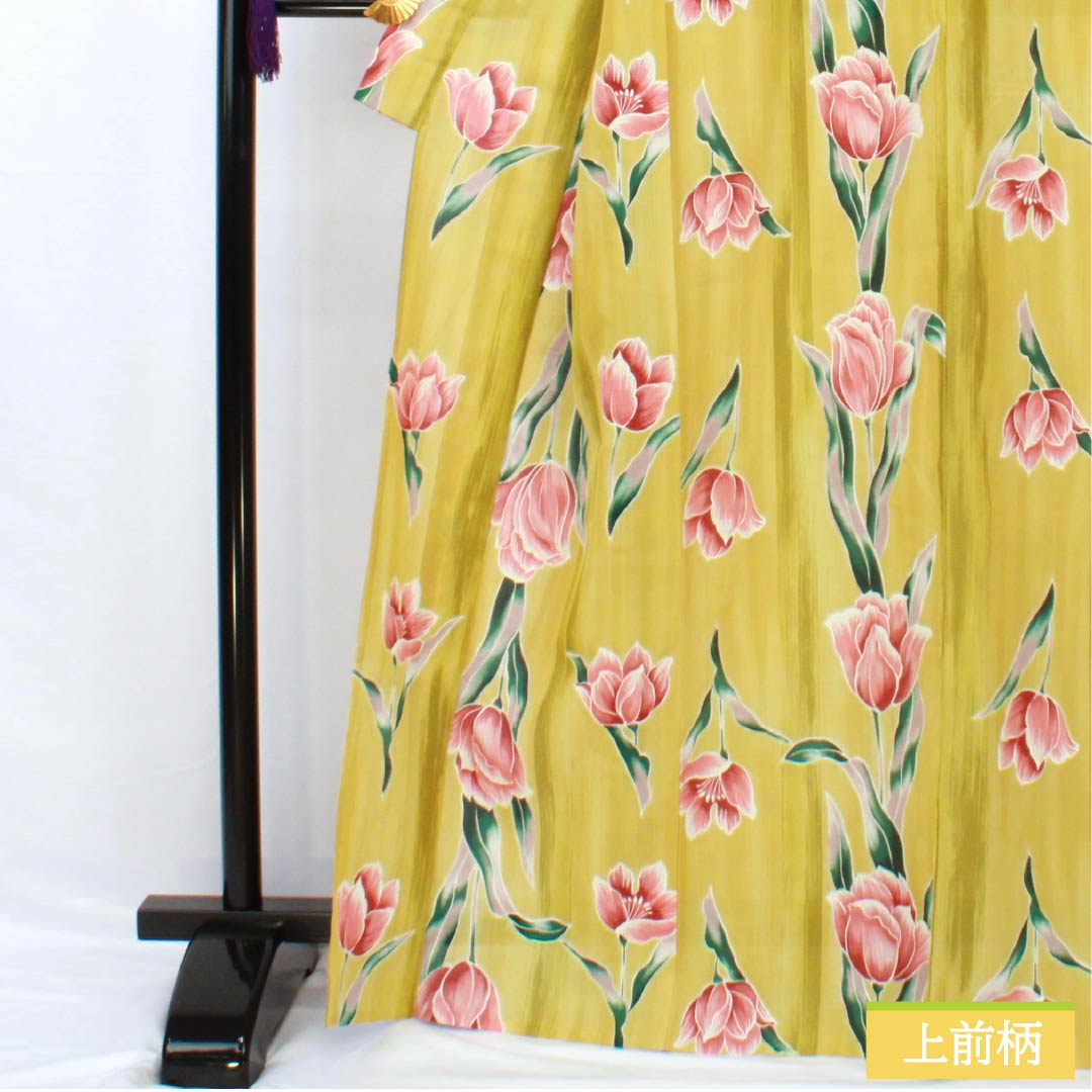 浴衣 ポリエステル 身丈167cm 裄丈66.5cm Sランク 単衣 黄系 窃黄色(せっこういろ) チューリップ 1118005552523