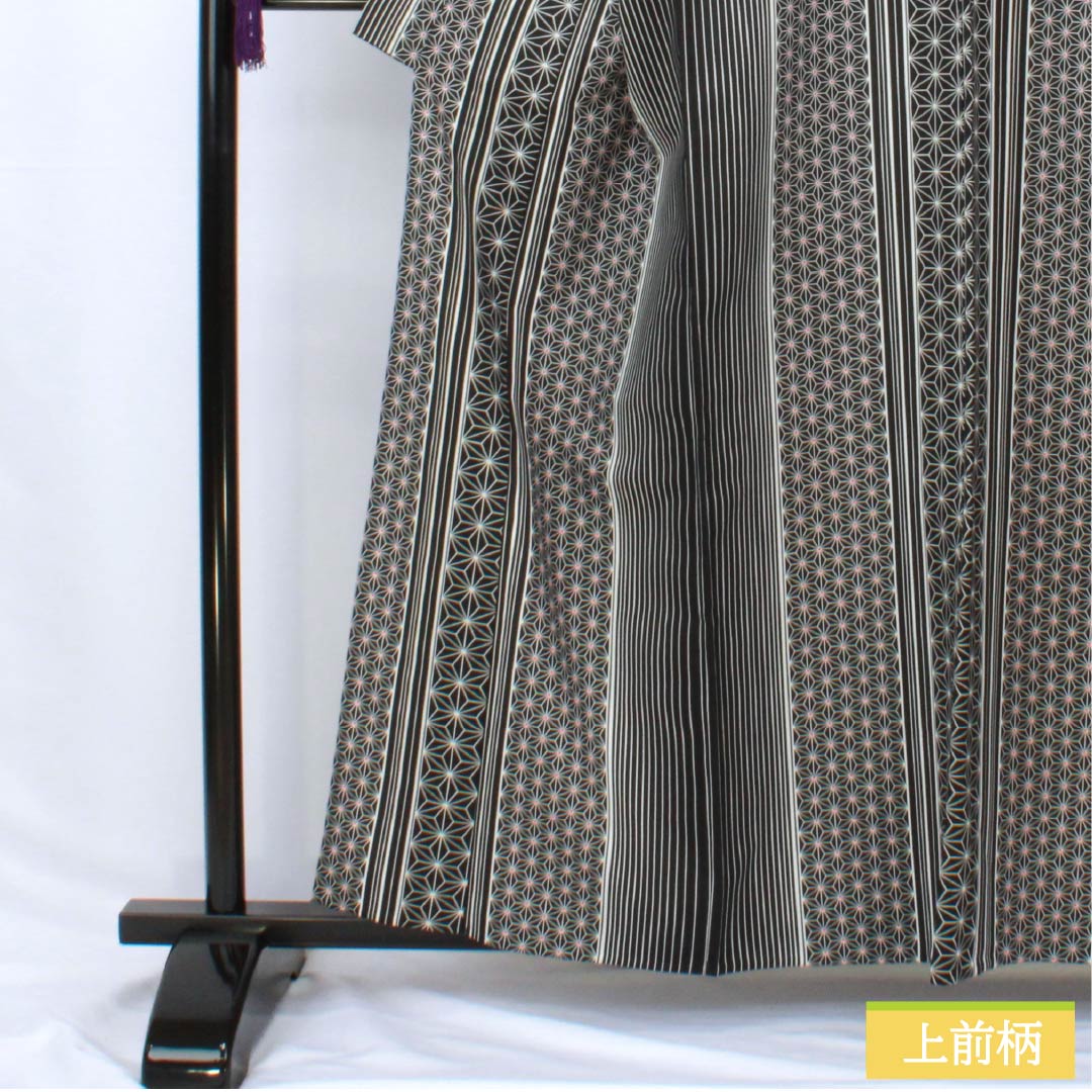 小紋 ポリエステル 身丈162cm 裄丈65cm 単衣 縞 麻の葉 洗える着物 Sランク 黒系 1115005872410