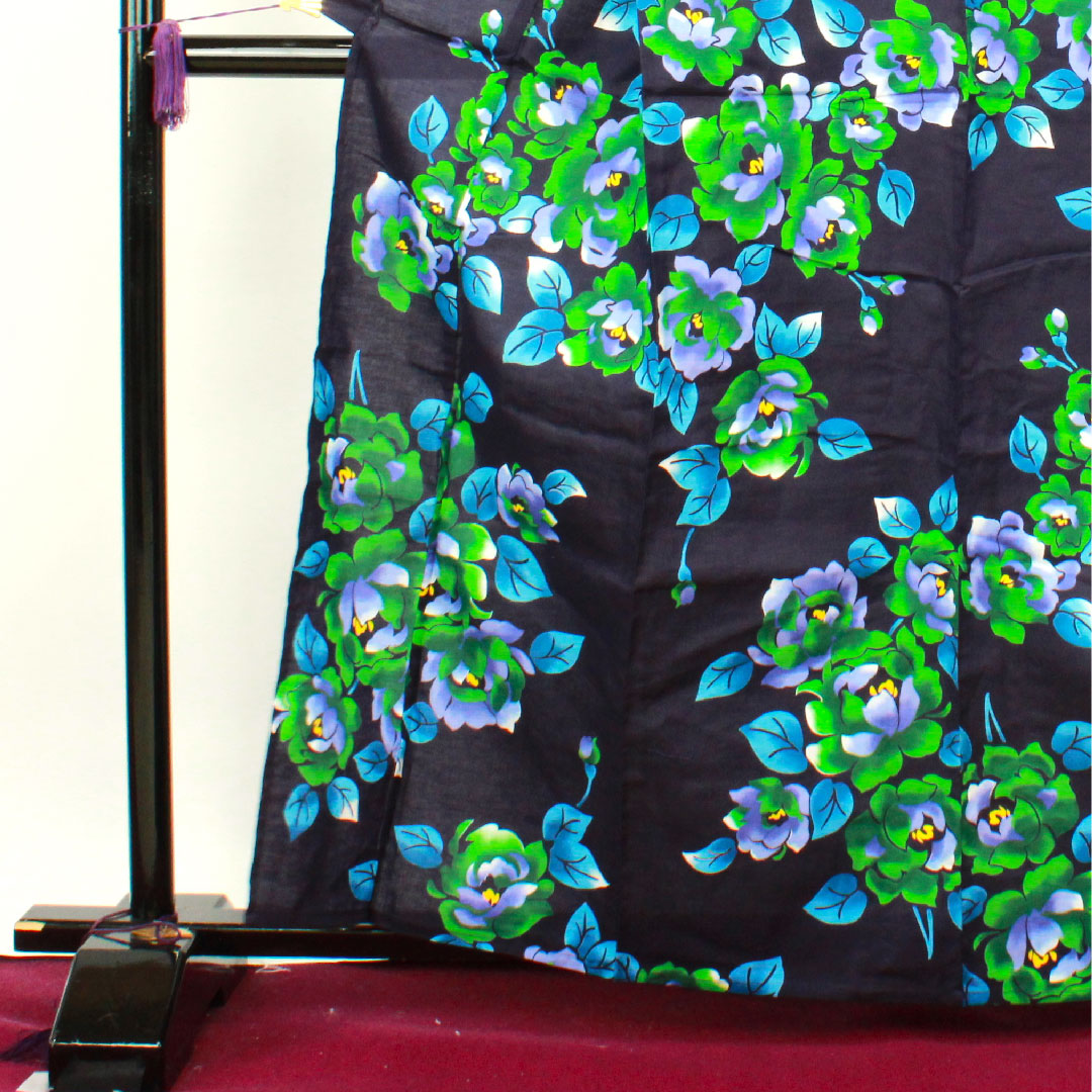 浴衣 濃紺色 山茶花 木綿 Sランク 単衣 身丈162cm 裄丈65.5cm 紺系 1118002582418