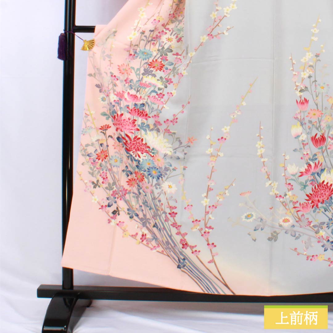 Visiting Kimono, Pure Silk, A-Rank, Lined, Length 157cm, Sleeve Length 65.5cm, Otomeiro (Girl's Color), Single Crest, Mokko (Pink Quince) Design, Kaga Yuzen, All-Flower Design, Artist's Work, Pink, Product Number: 1112006873313