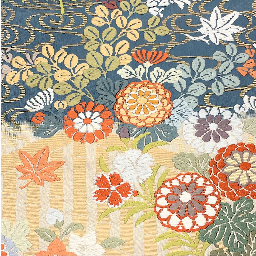 袋帯 薄縹色(うすはなだいろ) 象牙色(ぞうげいろ) 唐織 花柴竹垣紋 帯丈432cm 正絹 Aランク 六通 セミフォーマル グラデーション系 1123005353399