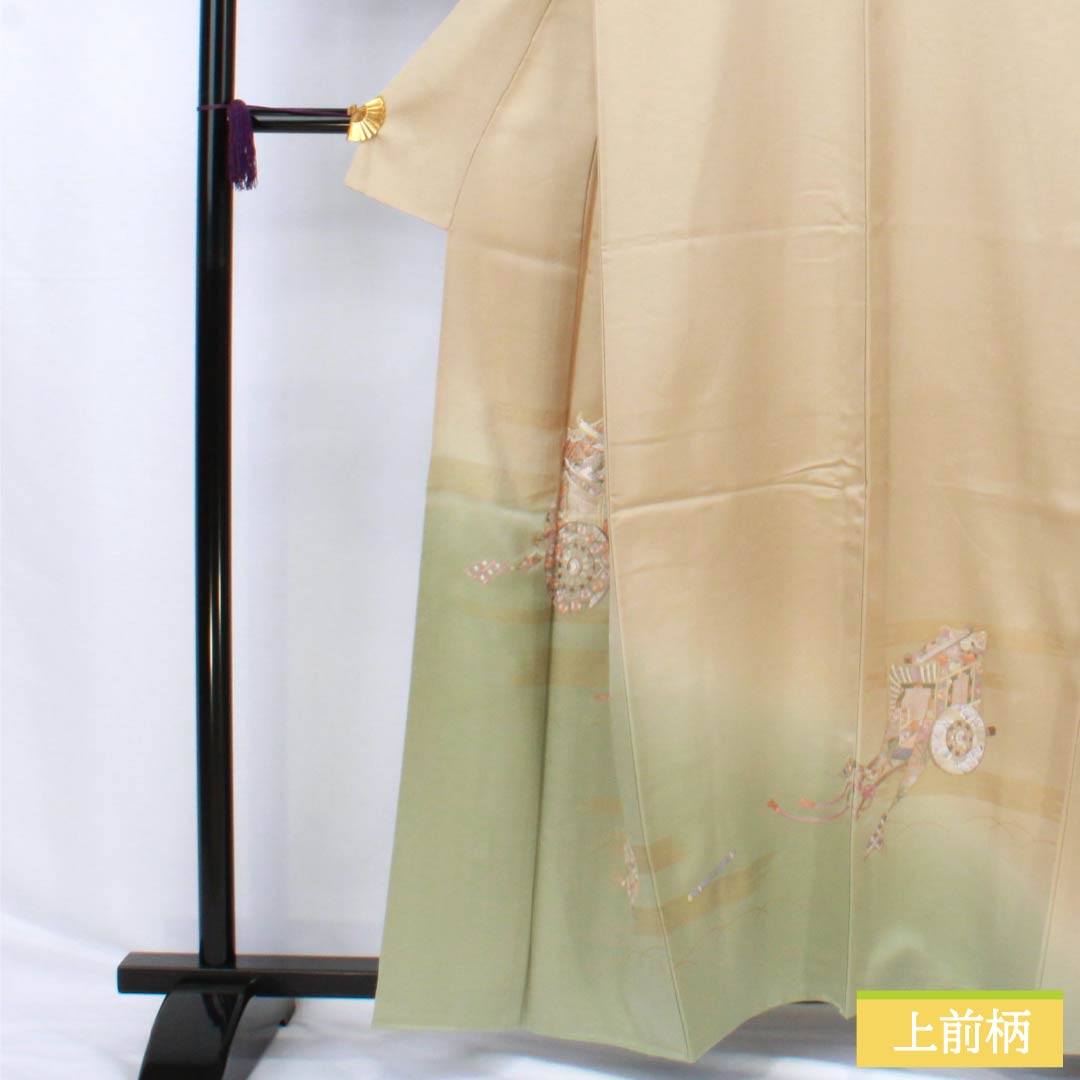 訪問着 正絹 Aランク 袷 身丈159cm 裄丈63.5cm 胡桃色(くるみいろ) 蘇州刺繡 付下げ 御所車 ベージュ系 1112006663325