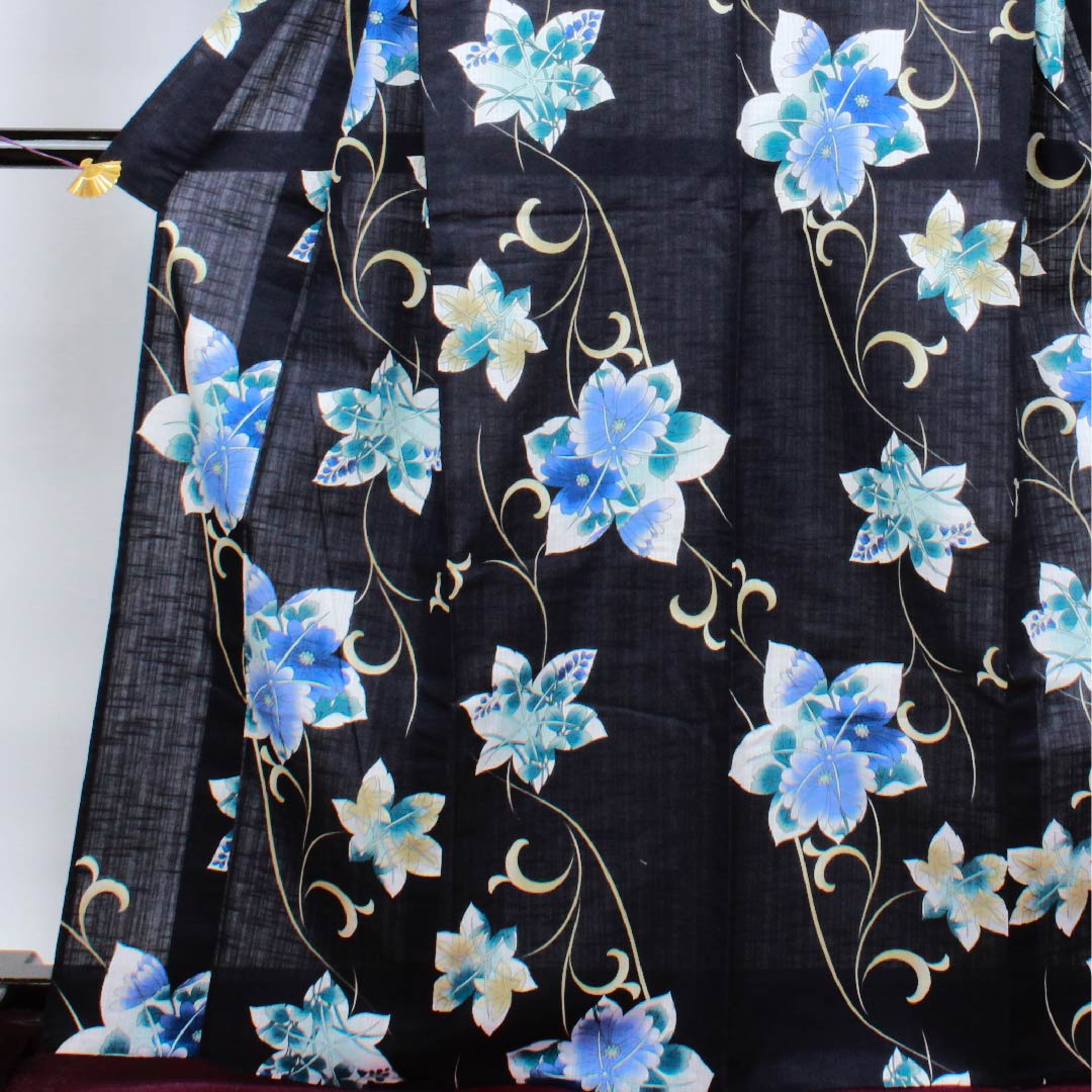 浴衣 濃紺色 萩 紅葉 菊 唐草木綿 Sランク 単衣 身丈167cm 裄丈67cm 紺系 1118004432518