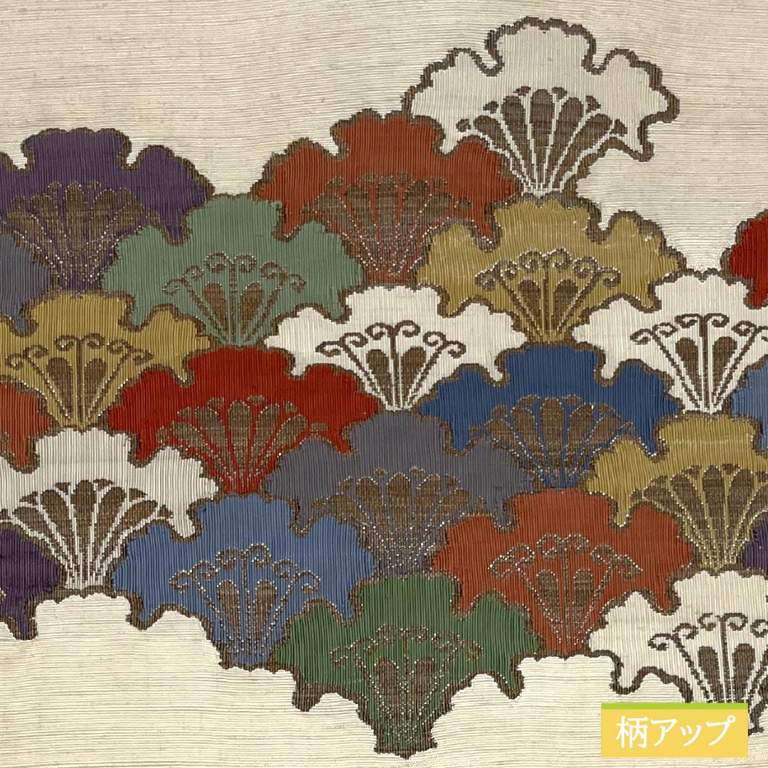 名古屋帯 生成り色(きなりいろ) 紬地 雪輪青海波 帯丈351cm 正絹 Sランク ポイント柄 カジュアル クリーム系 1124008212315 名古屋仕立て