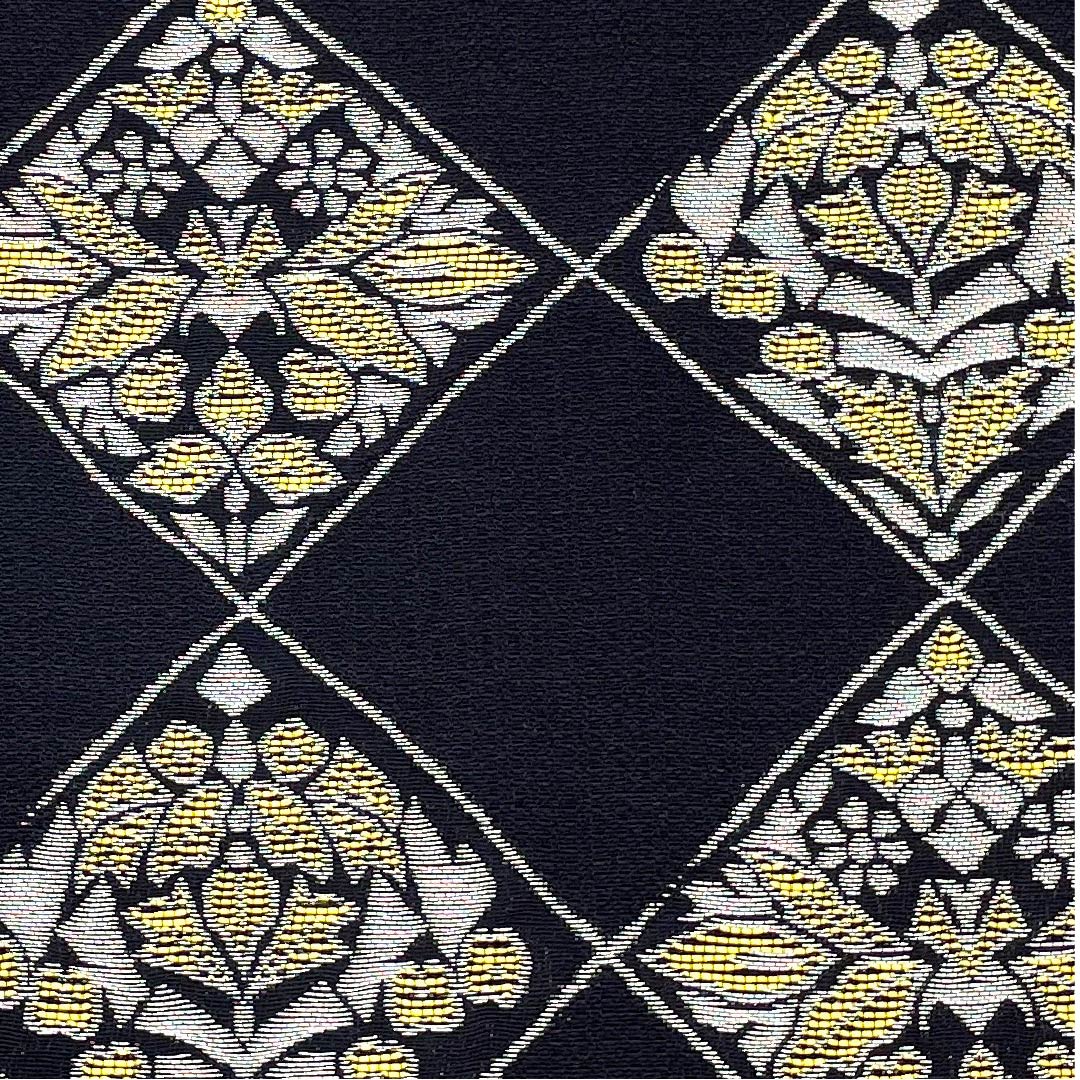 袋帯 黒色 菱 抽象花模様 帯丈447cm 正絹 Sランク 六通 カジュアル 黒系 1123009502310