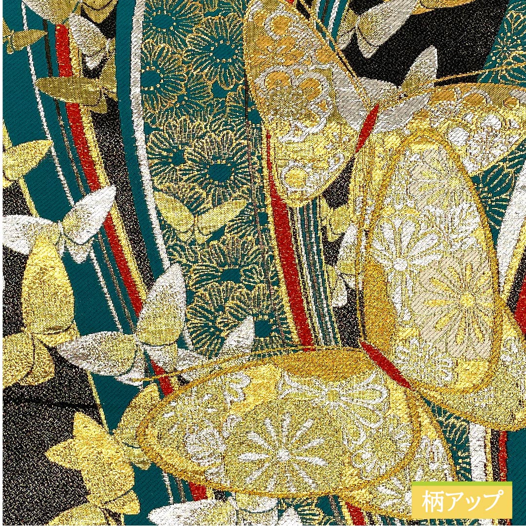袋帯 正絹 碧色色(へきしょくいろ) 蝶 菊 桜 帯丈426cm Sランク 六通 フォーマル 緑系 1123011982319