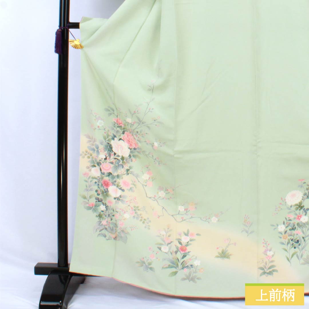 訪問着 正絹 Bランク 袷 身丈165cm 裄丈65.5cm 薄緑色(うすみどりいろ) 花 作家物 周市 しつけ糸付き 緑系 1112006974519