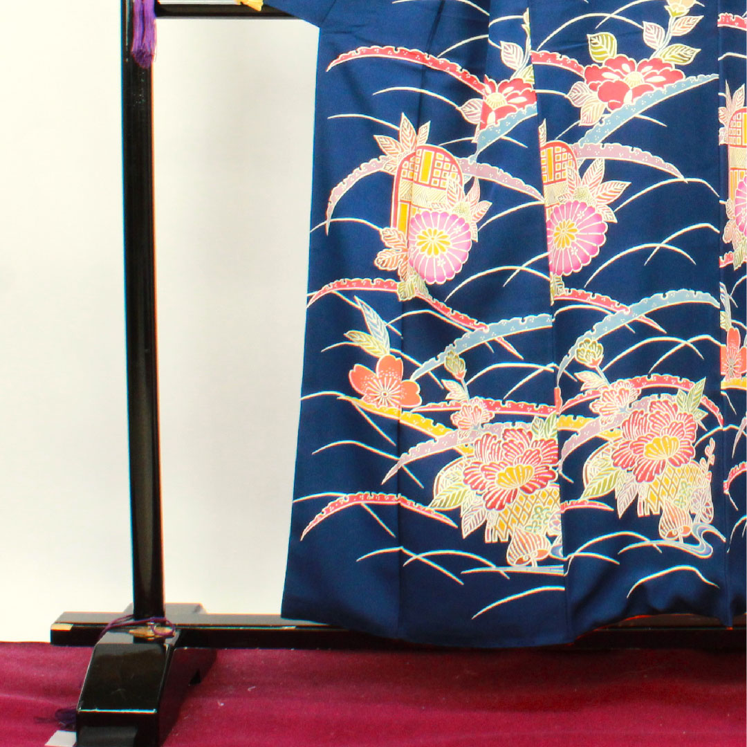 小紋 身丈156.5cm 裄丈62cm 袷 紺藍色 京紅型 菊 露芝 正絹 Sランク 紺系 1115003382318