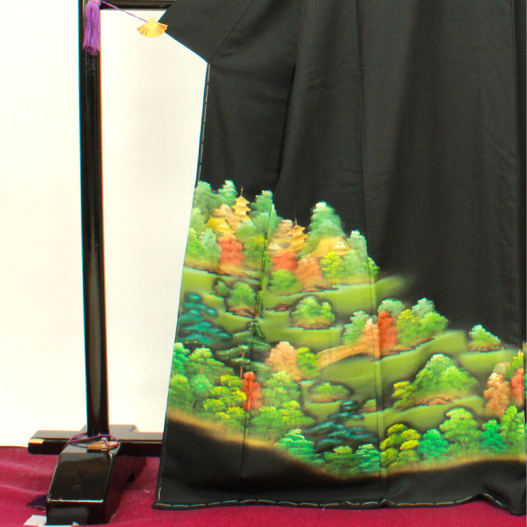 Black formal kimono, length 170.5cm, sleeve length 66cm, lined, no crest, with basting thread, unused, Kyo-Yuzen, Katsura Imperial Villa, landscape pattern, pure silk, S rank, none, black, 1111001092610