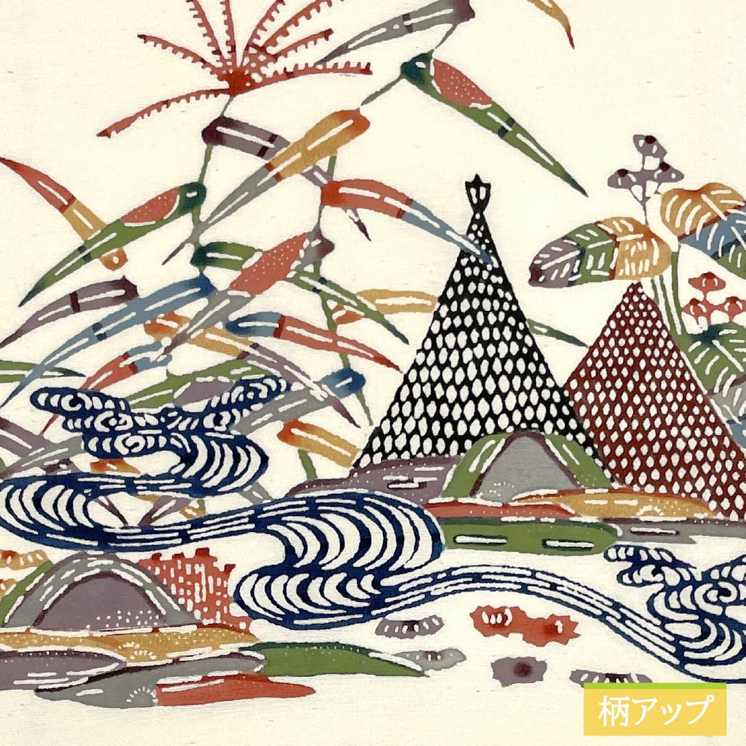 名古屋帯 乳白色色(にゅうはくしょくいろ) 京紅型 風景模様 鳥 帯丈360cm 正絹 Sランク ポイント柄 カジュアル クリーム系 1124007242315 名古屋仕立て