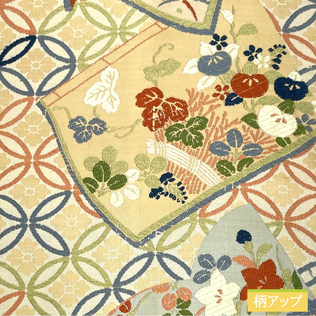 (Maru obi) Fukuro obi, pure silk, off-white (kinari-iro), Maru obi, Japanese style, Shippo, floral pattern, obi length 410cm, S rank, full length, formal, cream color, 1123013932315