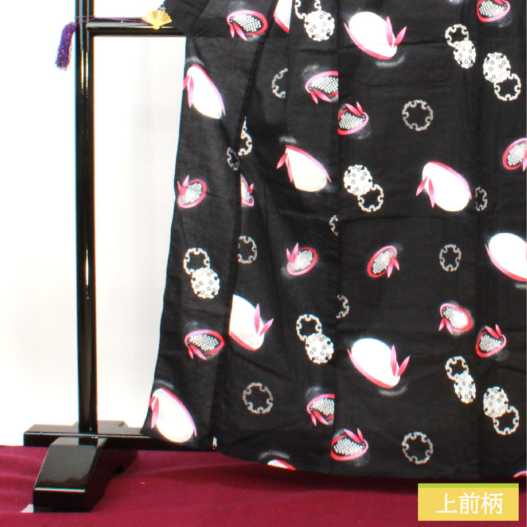 浴衣 木綿 身丈164.5cm 裄丈64cm Sランク 単衣 黒系 雪うさぎ 雪輪 1118005052410