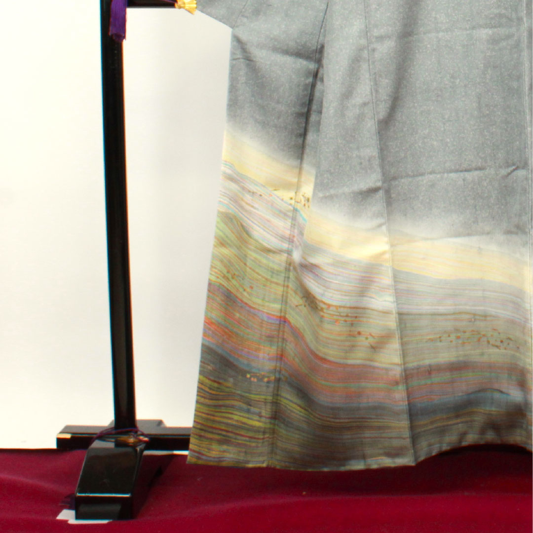 訪問着 袷 身丈160cm 裄丈68cm 鉛色 紬地 抽象模様 正絹 Aランク グレー系 1112002343422