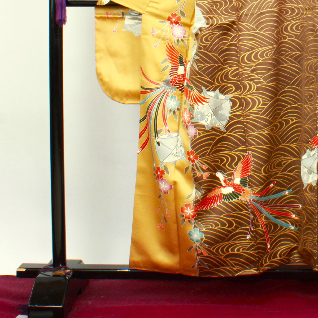 振袖 身丈157.5cm 裄丈65cm 袷 焦げ茶色 京友禅 鳳凰 糸巻き 波 正絹 Aランク 茶系 1113001543314