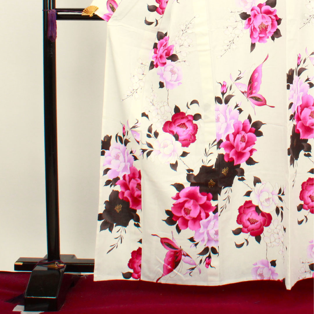 浴衣 蝶 薔薇 山本寛斎 Kansai 木綿 Sランク 単衣 身丈162.5cm 裄丈68.5cm 白系 1118001842411