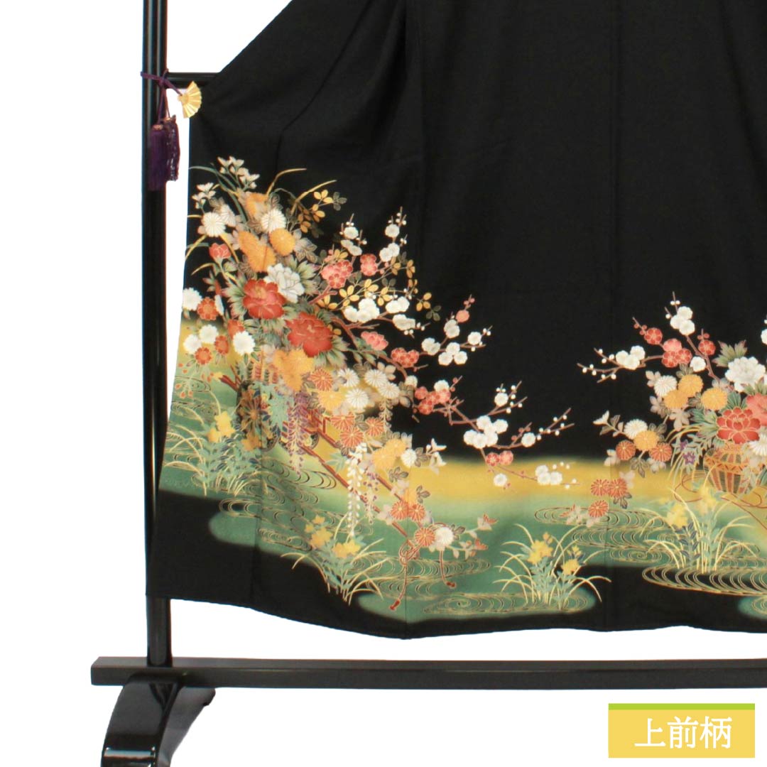 黒留袖 正絹 Aランク 身丈152cm 裄丈62.5cm 袷 京友禅 花車 吉祥文様 五つ紋 角立四ツ目 比翼付き 五つ紋 黒系 1111002333210