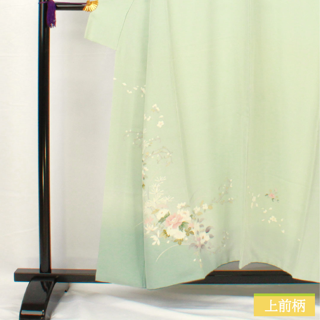 訪問着 正絹 袷 身丈153cm 裄丈65.5cm 秘色(ひそく) 京友禅 桜 椿 菊 スーパーガード加工 Aランク 水色系 1112005503224