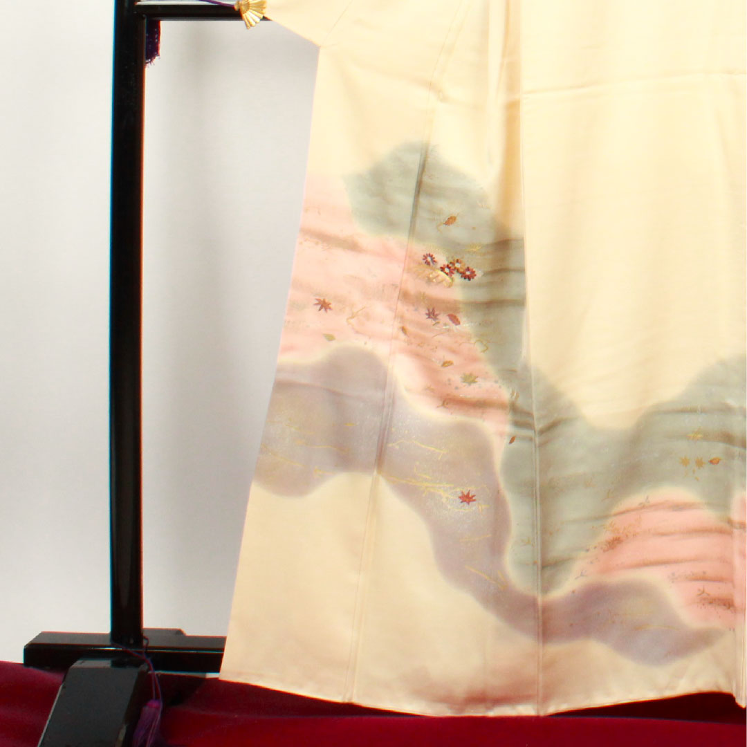 訪問着 袷 身丈162cm 裄丈64cm 肌色 京友禅 刺繡 草花模様 正絹 Bランク クリーム系 1112001614415