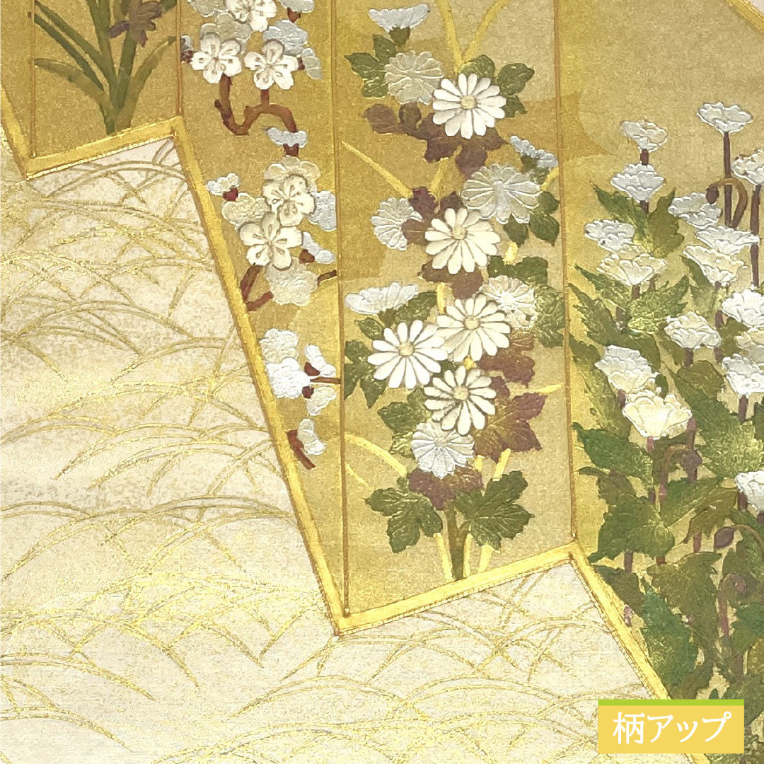 袋帯 正絹 Aランク 引箔 西陣織 部分刺繍 衝立 草花模様 帯丈426cm ポイント柄 フォーマル 銀系 1123016473322