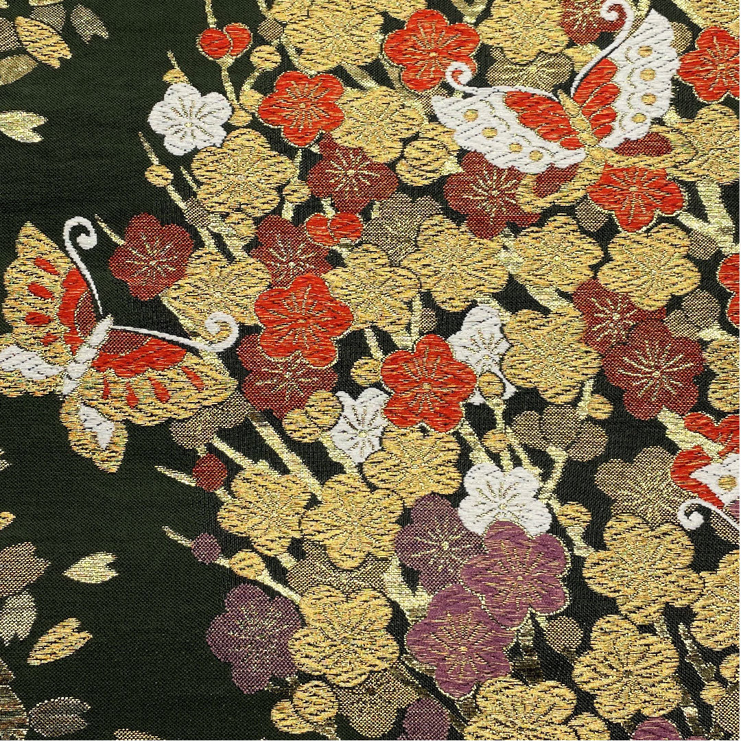 袋帯 革色(かわいろ) 振袖用 蝶 桜 帯丈438cm 正絹 Aランク 六通 フォーマル 緑系 1123005003319