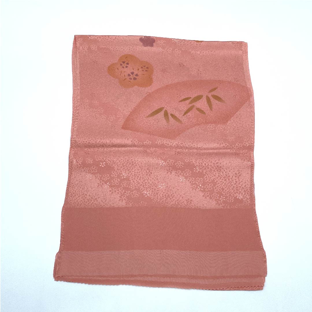 (New old stock) Formal obiage, pure silk, coral color, plum, fan surface, bamboo, length 176cm, width 29cm, S rank, pink, 1136000192913
