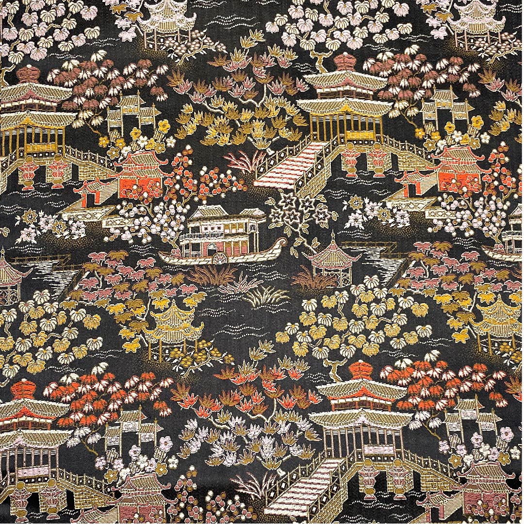 名古屋帯 黒色 寺院 花模様 帯丈339cm 正絹 Sランク 全通 カジュアル 黒系 1124003792310 名古屋仕立て