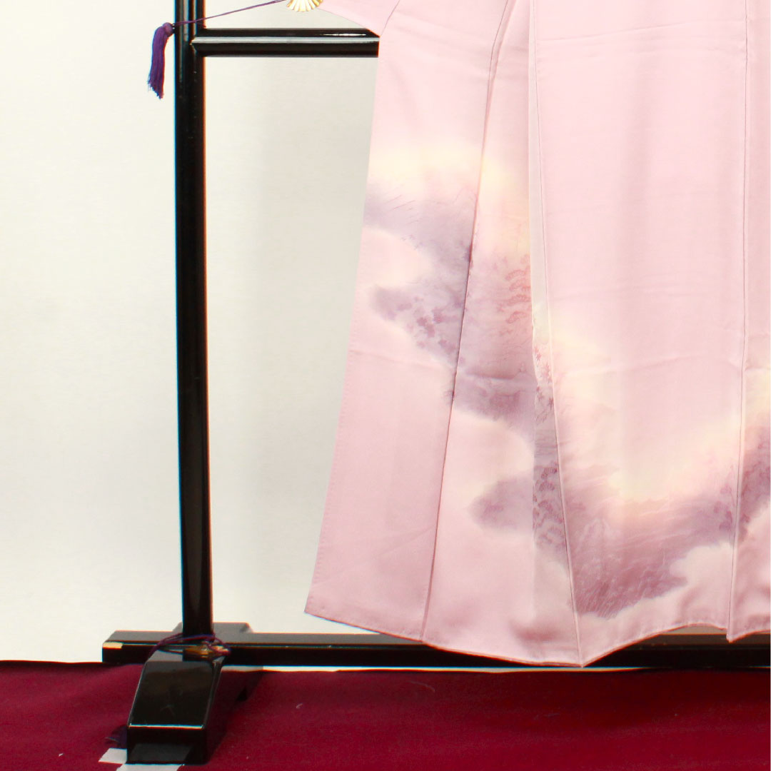 訪問着 袷 身丈153.5cm 裄丈61.5cm 帯紅色 風景模様 ボカシ染 正絹 Sランク ピンク系 1112002202213
