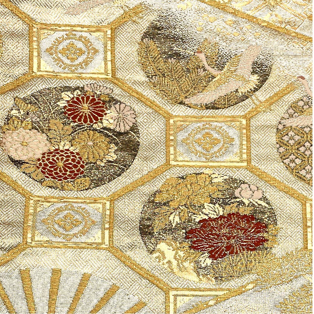 袋帯 金色 扇面 松竹梅 鶴 蒔絵 帯丈434cm 正絹 Aランク 六通 フォーマル 金系 1123009103321