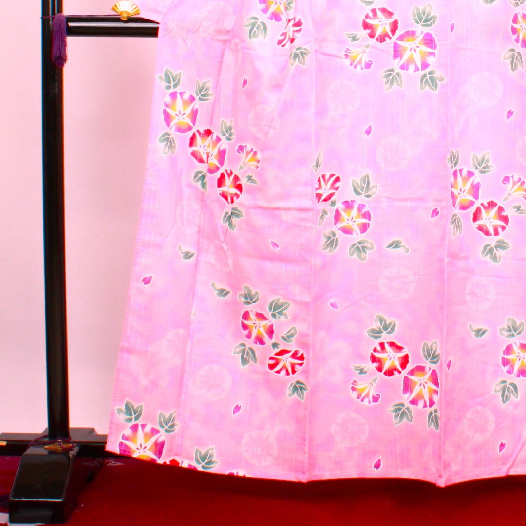 浴衣 洎夫藍色 浅紅色 朝顔 銀糸 木綿 Sランク 単衣 身丈162cm 裄丈64cm ピンク系 1118004252413