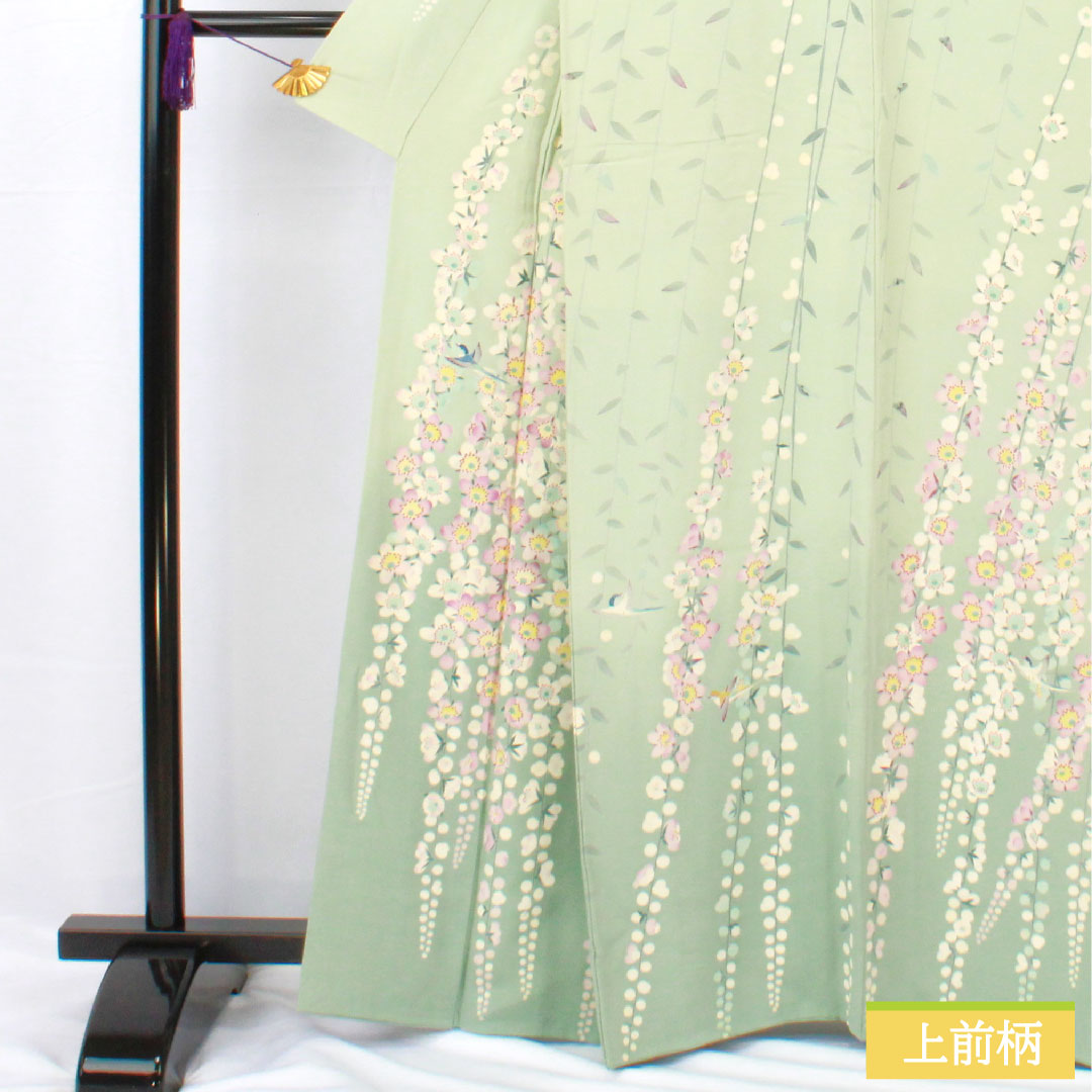 訪問着 正絹 袷 身丈165cm 裄丈63.5cm 白緑色(びゃくろくいろ) 加賀友禅 作家物 一つ紋 中陰五瓜 Aランク 緑系 1112005713519