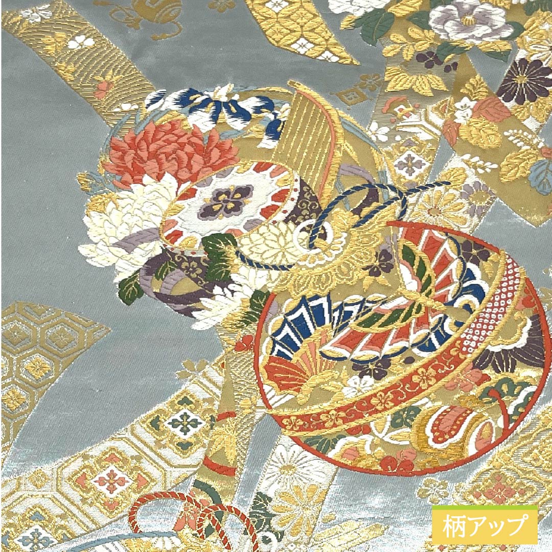 袋帯 正絹 Sランク 空色鼠色(そらいろねずいろ) 西陣織 天祥錦 鞠 熨斗 帯丈444cm 六通 フォーマル 水色系 1123017962324