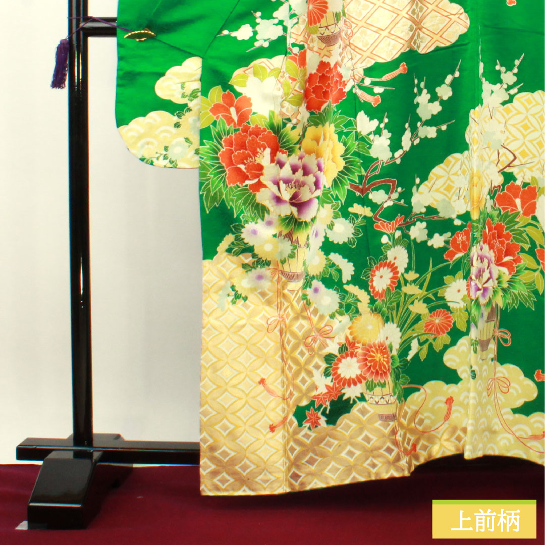 振袖 正絹 身丈161.5cm 裄丈65cm 袷 濡葉色 京友禅 吉祥文様 Aランク 緑系 1113001973419