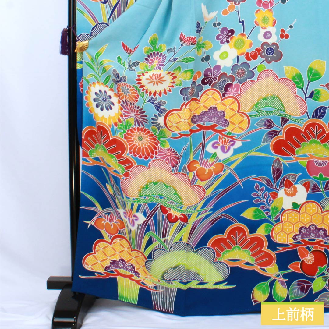 振袖 正絹 Aランク 身丈166.5cm 裄丈64.5cm 袷 水色(みずいろ) 京紅型 ちりめん地 吉祥文様 梅 松 水色系 1113002543524