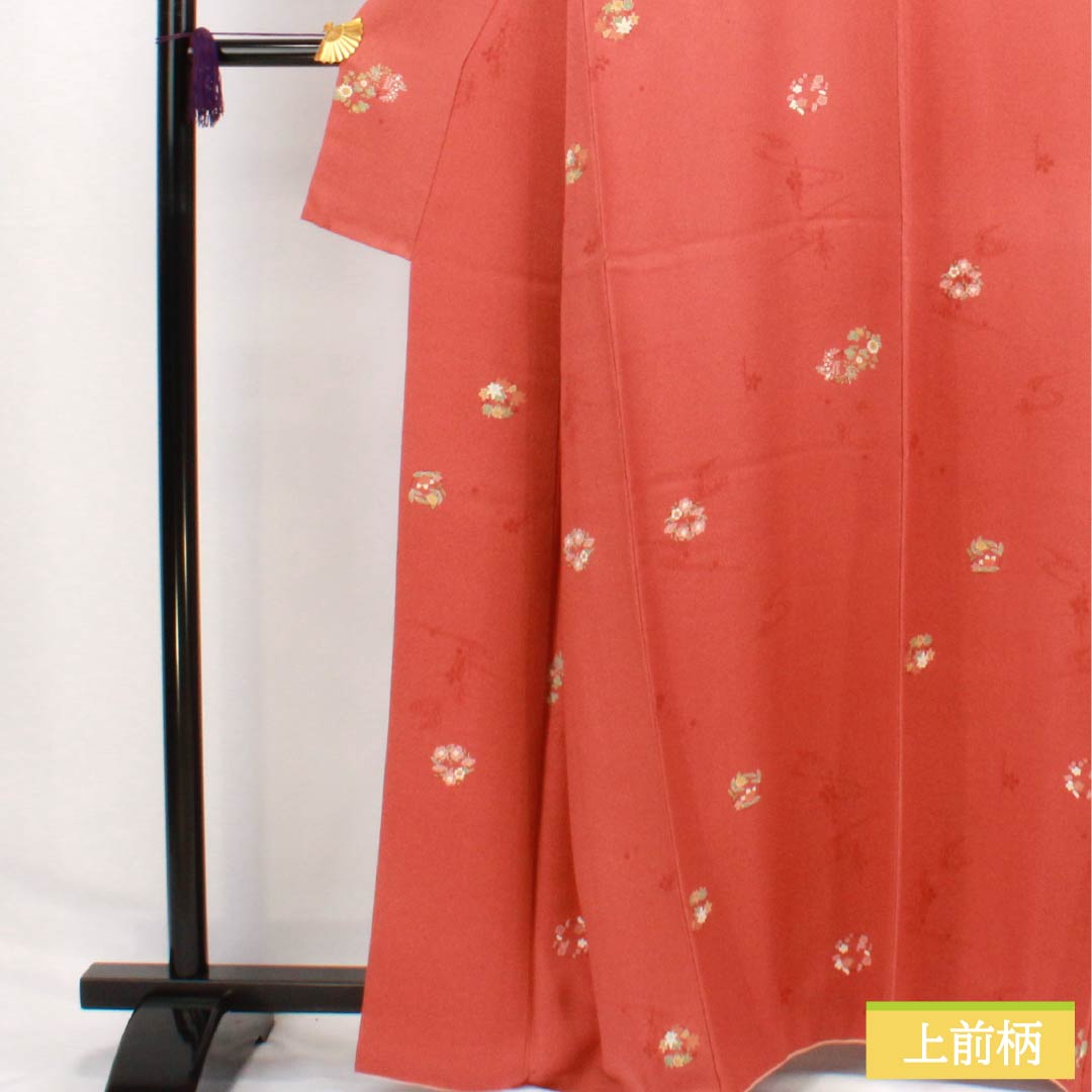 小紋 正絹 身丈163.5cm 裄丈66.5cm 袷 紅唐色(べにとういろ) 型染 花輪 Sランク 朱系 1115006072416