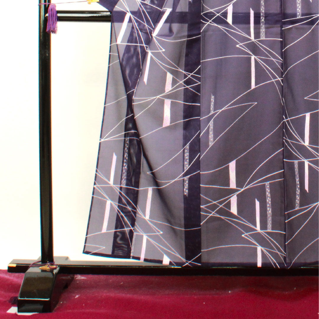 夏物 ポリエステル 小紋 身丈158.5cm 裄丈60.5cm 紫紺色(しこんいろ) 竹 しつけ糸付き 未使用品 絽 Sランク 紫系 1132000942320