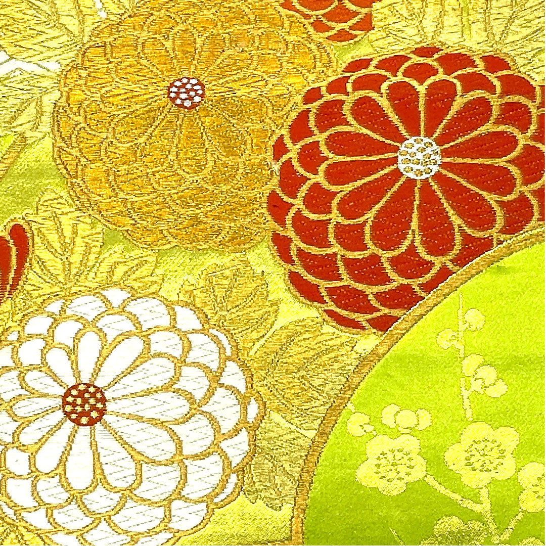 袋帯 菊 振袖用 亀甲 やまとオリジナル 帯丈424cm 正絹 Aランク 六通 フォーマル 緑系 1123003413319