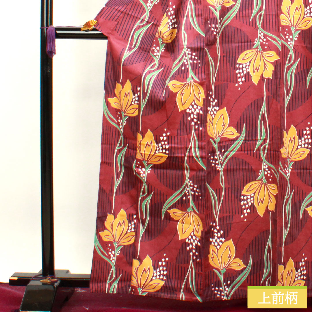 浴衣 木綿 身丈163cm 裄丈66cm Bランク 単衣 赤系 葡萄酒色(ぶどうしゅいろ) 抽象花 1118004774412