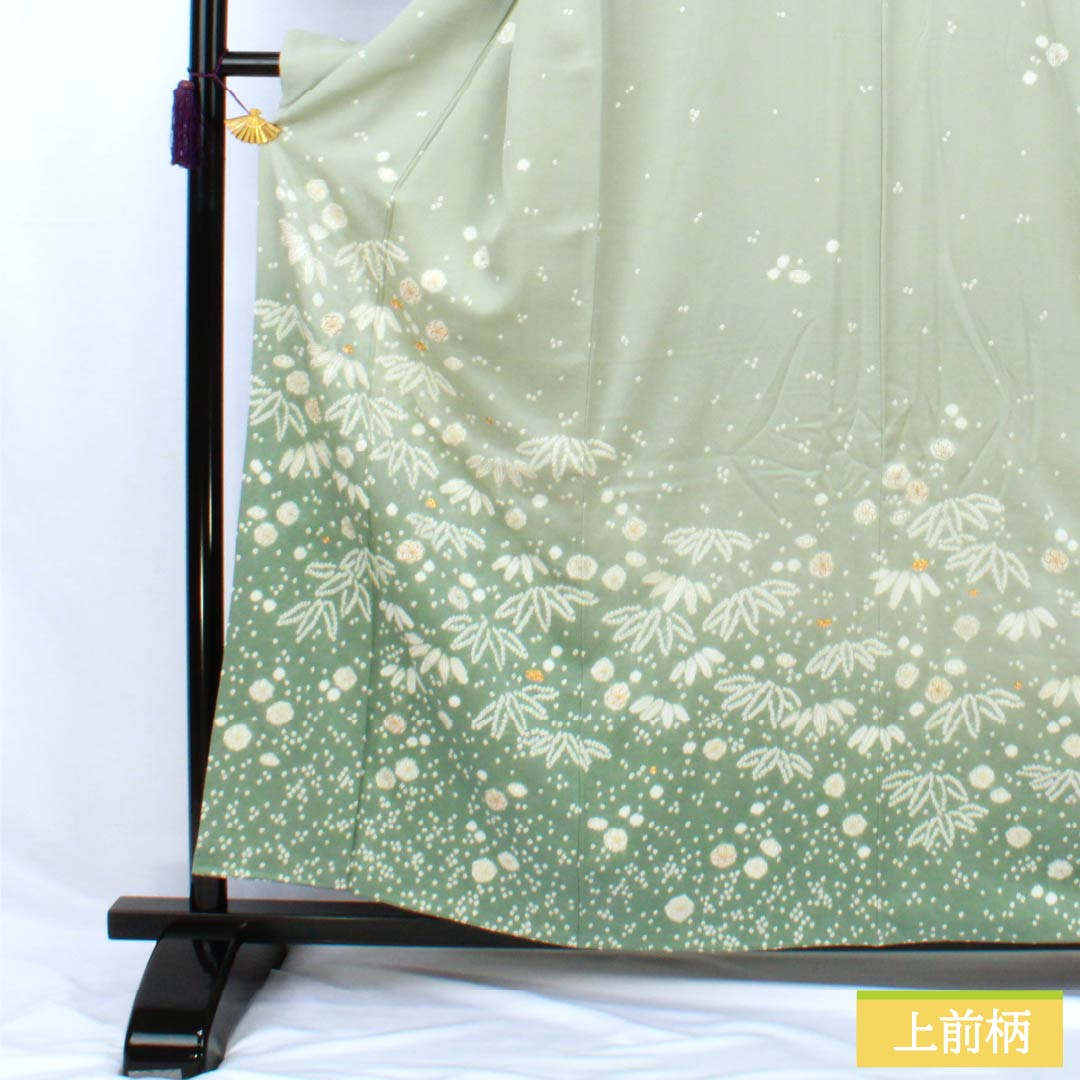 訪問着 正絹 Aランク 袷 身丈158.5cm 裄丈63cm 青磁色(せいじいろ) 一つ紋 金駒刺繍 絞り 重ね衿付き 梅 緑系 1112007333319