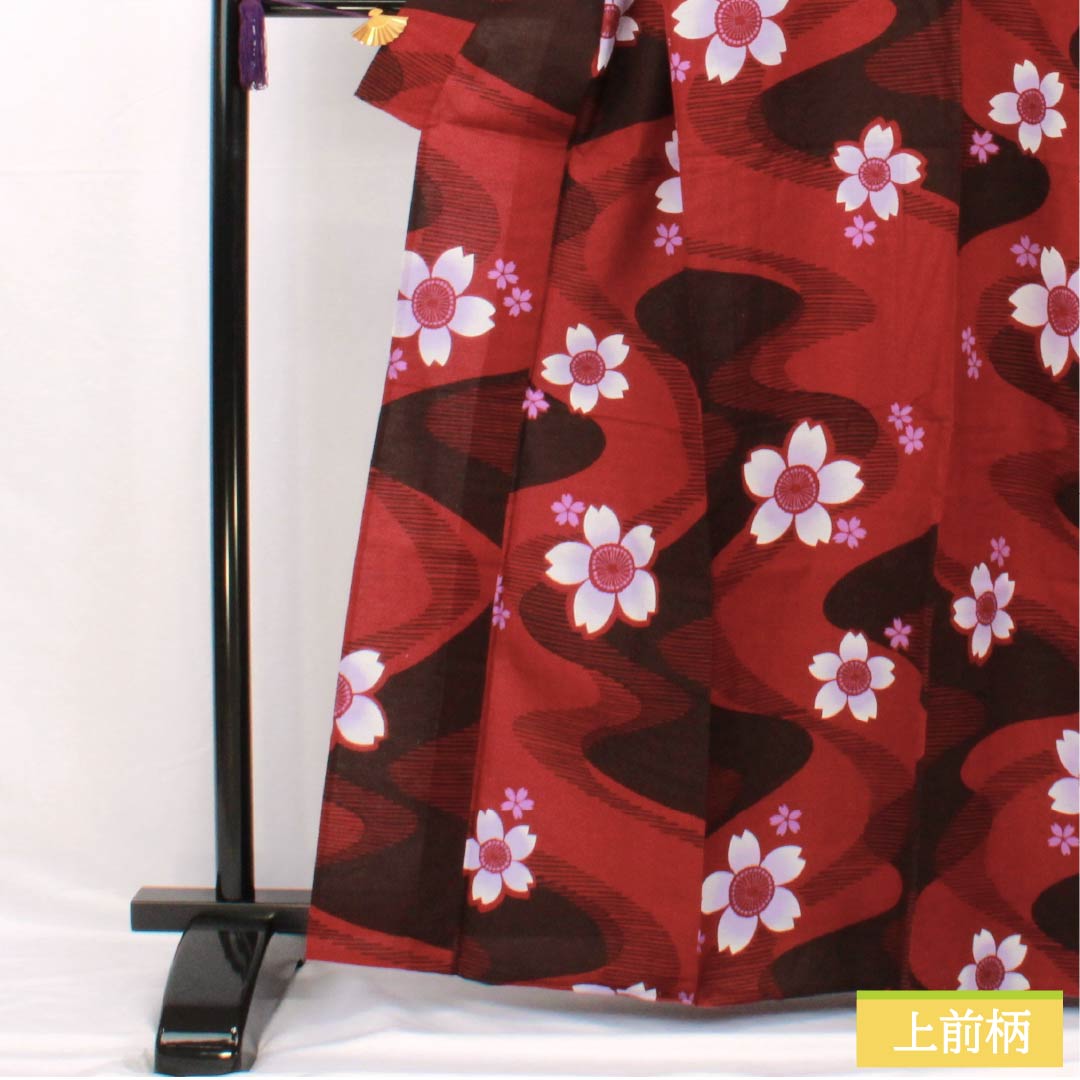 浴衣 木綿 身丈164cm 裄丈65cm Sランク 単衣 赤系 真紅色(しんくいろ) 流水 桜 1118005292412