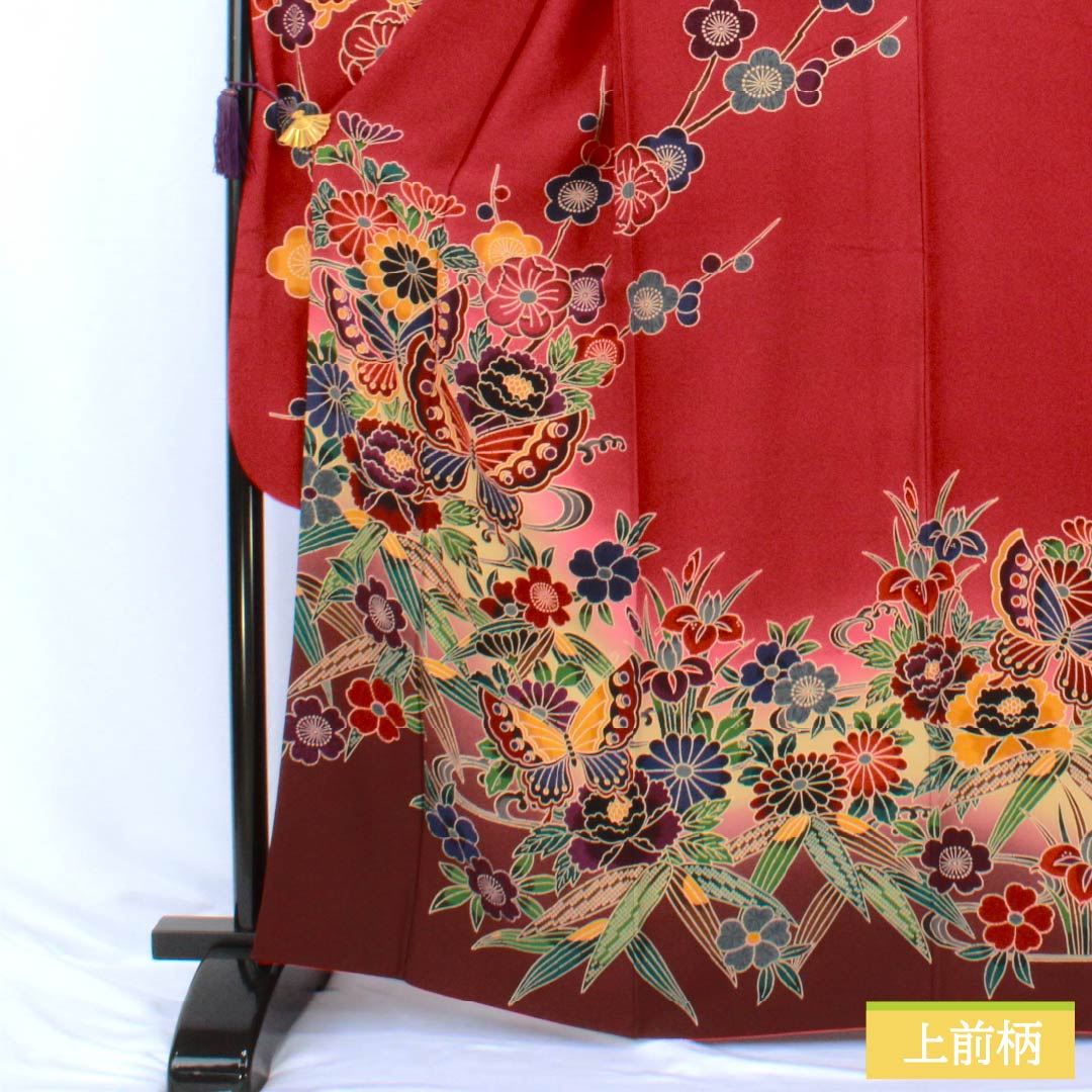 Silk Furisode, Rank A, Length 164cm, Sleeve-to-sleeve 69cm, Lined, Deep Crimson, Kyo-Yuzen, Auspicious Patterns, Red Tones, 1113002963412