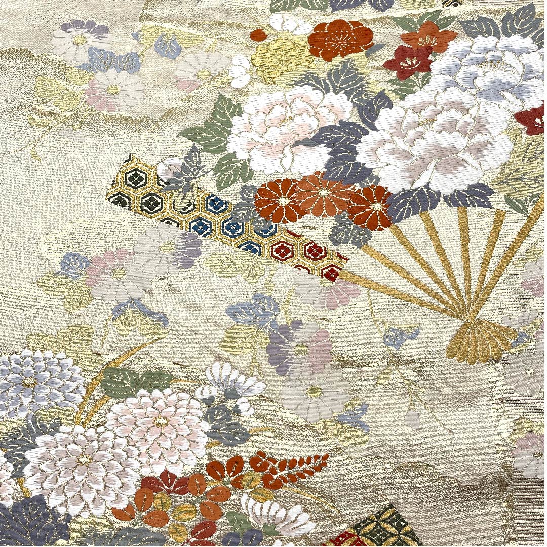 袋帯 生成り色(きなりいろ) 扇面 吉祥文様 七宝 帯丈424cm 正絹 Aランク 六通 フォーマル クリーム系 1123007573315