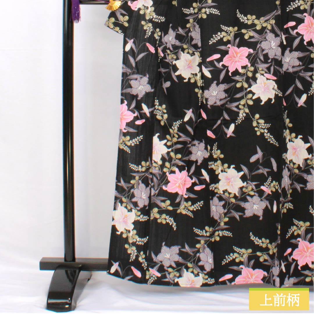 浴衣 木綿 身丈161.5cm 裄丈62cm Sランク 単衣 黒系 百合 萩 1118005512410