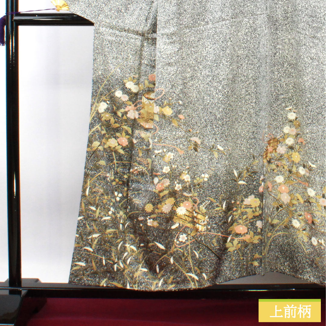 訪問着 正絹 袷 身丈155cm 裄丈62.5cm 京友禅 タタキ染 草花模様 Sランク モノトーン 1112004412327